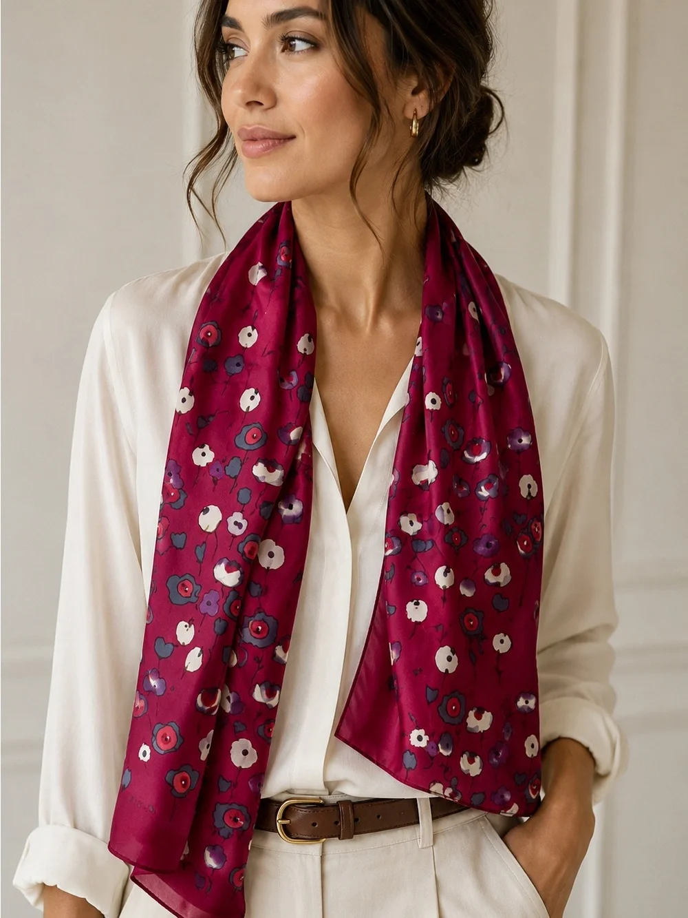 ECHO 100% Silk Floral Oblong Scarf Magenta Berry Watercolor PrintLong Designer